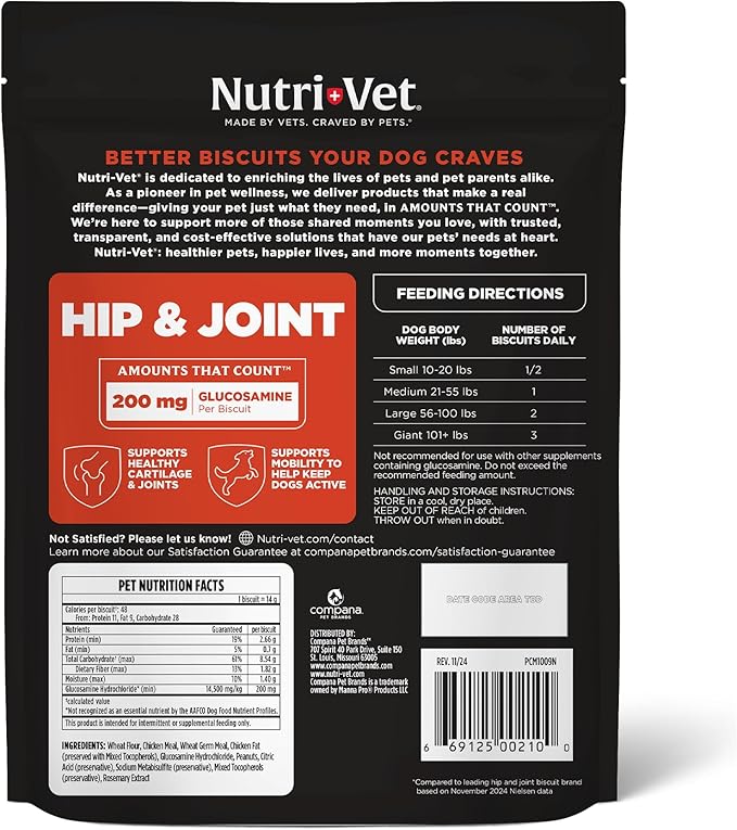 Nutri-Vet Hip & Joint Biscuits for Dogs, Tasty Glucosamine Treat, Puppy Supplements, Dog Joint Supplement, Small Sized Biscuit with 200mg Glucosamine, Puppy Essentials, Peanut Butter Flavor, 16 oz