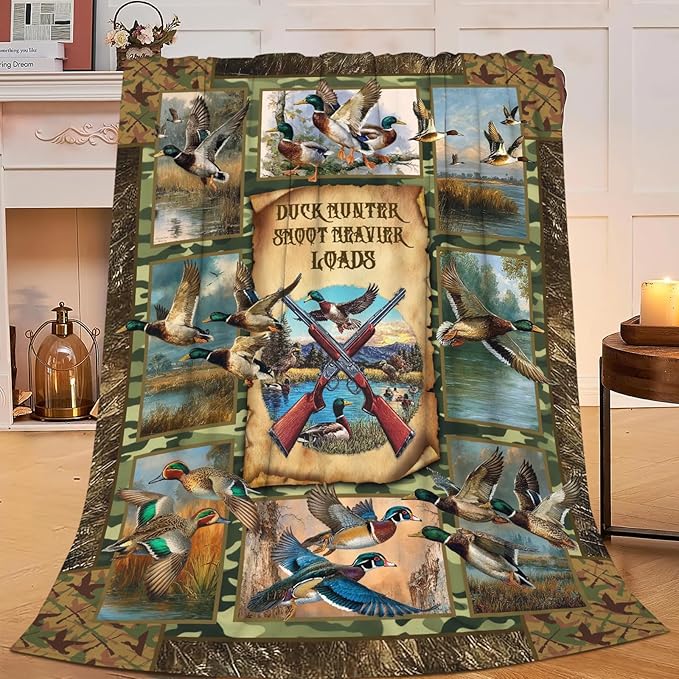 Duck Throw Blanket Hunting Mallard Duck Stuff Gifts for Kids Girls Boys Adults Women Men Soft Cozy Warm Plush Fluffy Fuzzy Fleece Blanket Decor 50''X60''