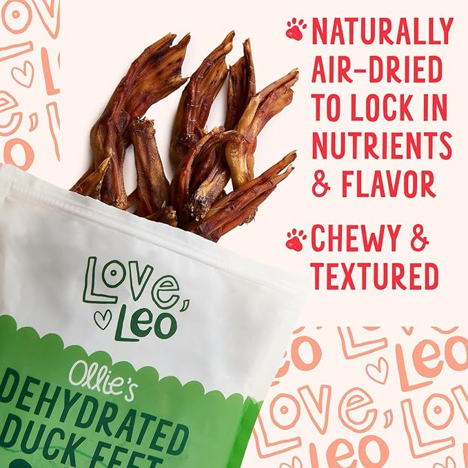 Love Leo Dehydrated Duck Feet for Dogs (30 Count) – 100% Natural, Grain-Free, High-Protein Duck Feet Dog Chews for Dental Health and Training Rewards – Made in USA