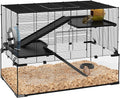 PawHut Large Hamster Cage with Deep Tempered Glass Bottom, 3 Tiers Hamster Tank with Running Wheel, Hut, Water Bottle, Dish, Rat Cage for Syrian, Dwarf, Gerbils, Mouse, 30" x 19" x 21.5", Black