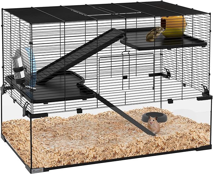 PawHut Large Hamster Cage with Deep Tempered Glass Bottom, 3 Tiers Hamster Tank with Running Wheel, Hut, Water Bottle, Dish, Rat Cage for Syrian, Dwarf, Gerbils, Mouse, 30" x 19" x 21.5", Black