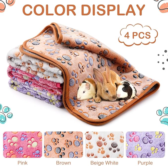 Reginary 4 Pcs Waterproof Guinea Pig Blankets Washable Small Animal Fleece Bedding Guinea Pig Cage Liners Reusable Training Pads Pet Pee Pad Sleep Mat for Hamster(Paw Print,18 x 13 Inch)