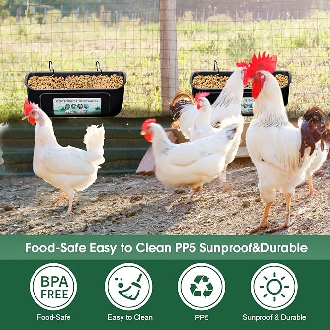 PIREKZUNT 2 Pack Chicken Duck Feeder, Poultry Feeders and Waterers, Hanging Goat Feeder, Livestock Feeding Container, Feed Trough and Waterer Bucket with Clips(Black)