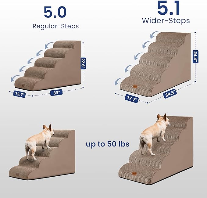 GoGoBunny Ramp Dog Stairs for High Beds 24.4" H, 5-Step Extra Wide Dog Slope Stairs with Durable Waterproof Fabric Cover, Pet Steps for Old Large Dogs Climbing, Non-Slip Sturdy Indoor Step, Camel