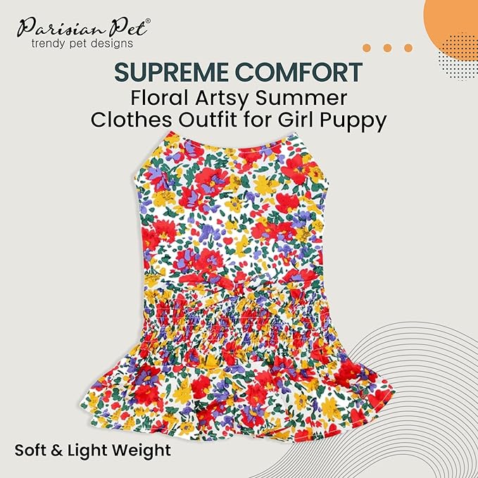 Parisian Pet Floral Dog Dress - 100% Cotton Summer Clothes for Large Dogs Girl - Ruched Waist Pet Dress - Stylish Printed Beach Dog Outfit - Lightweight Puppy Clothes - Sleeveless Dresses for Dogs
