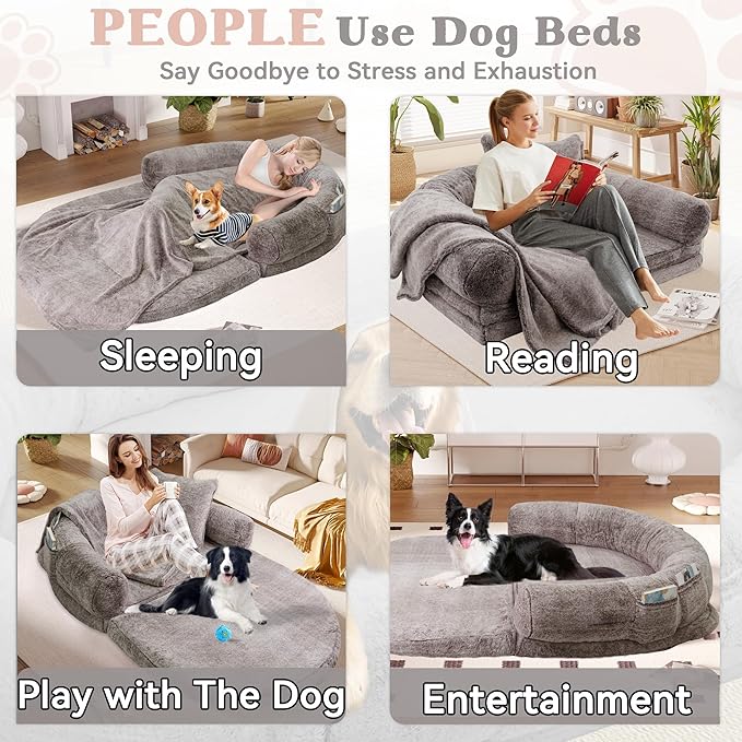2 in 1 Foldable Human & Dog Bed, 72"x48"x11" Extra Large Orthopedic Memory Foam Bed for Adults & Pets, Ultimate Comfort Washable Fur & Blanket, Brown
