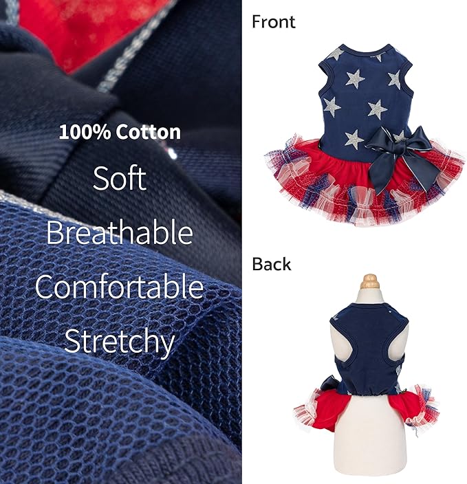 Fitwarm Patriotic Sparkly Stars Dog Dress, 4th of July Clothes for Small Dogs Girl, Pet Outfit, Royal Blue, Red, Silver, XXS