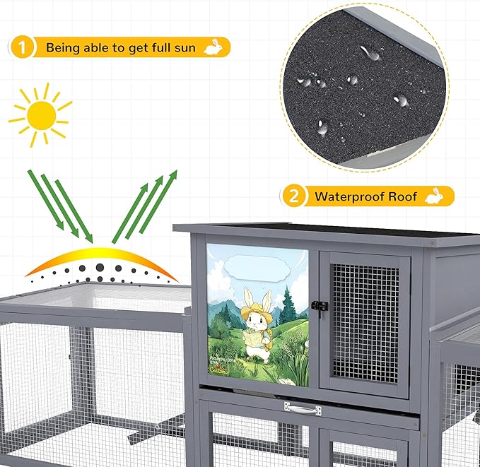 COZIWOW 95inches Extra Large Wood Rabbit Hutch Outdoor Easy to Assemble and Stable Bunny Cage Indoor with Cleaning Tray & Waterproof Roof for Small and Medium Bunny Rabbit Chick（Grey with Pattern）
