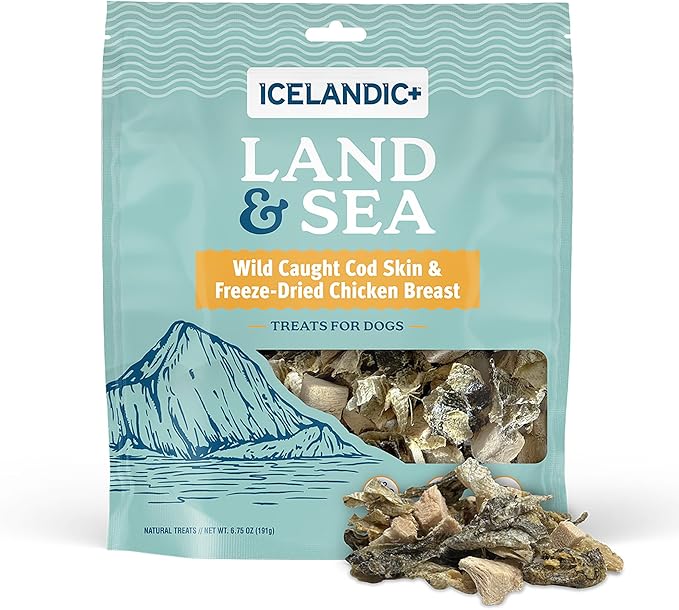 Icelandic+ Land & Sea Wild Caught Cod Skin & Freeze-Dried Chicken Breast -6.75oz Bag, Dog Treat & Food Topper, 2 Ingredient, No Preservatives, Natural (Pack of 2)