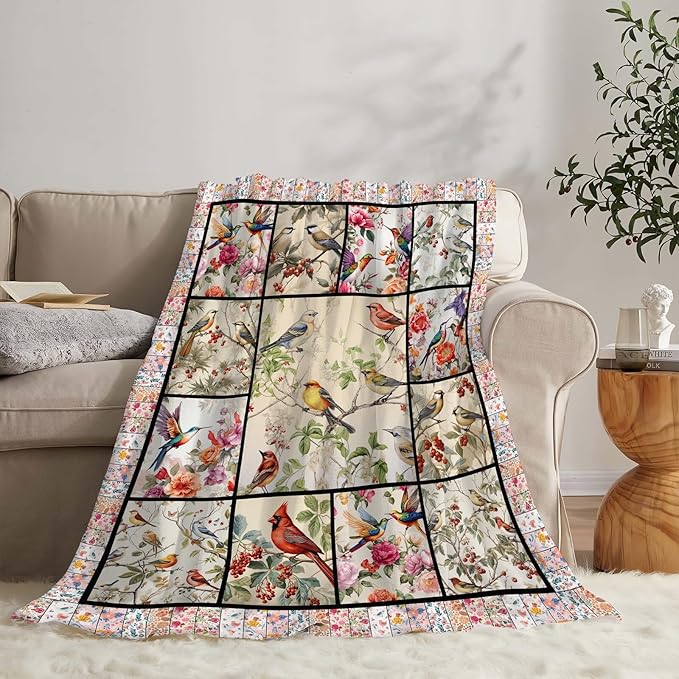 Bird Blanket Cardinal Hummingbird Sparrow Bird Throw Blanket Gifts for Women Men Boys Girls Kids Adults Super Soft Cozy Plush Fluffy Fuzzy Fleece Blanket Home Decor 60''X80''