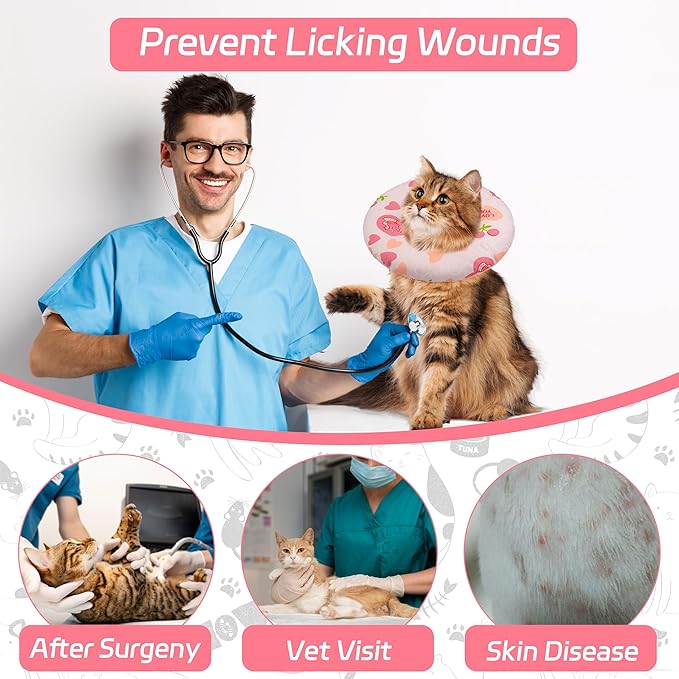 Seyezo Cat Cone Soft Collar, Adjustable Cat Recovery Collar for Small Medium Large Cats, Cute Donut E Collar After Surgery, Anti-Lick Wound Healing Elizabethan Collar for Kittens (Pink Heart, Small)