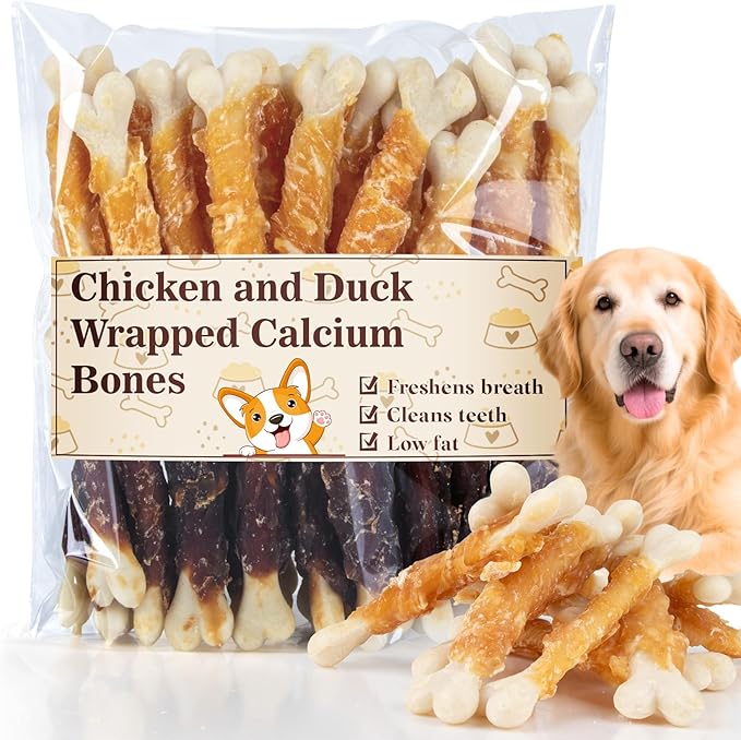 MAQIHAN Dog Treats - Chicken and Duck Wrapped Calcium Bones Without Rawhide Training Treats for Dogs Teeth Cleaning Bones Fresh Breath Easy to Digest Dog Christmas Treat