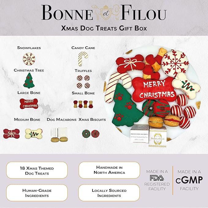 Bonne et Filou Christmas Dog Treats, Luxury Gourmet Gift Box, 18 Hand Designed Macarons, Truffles & Bone Cookies, Perfect Holiday Snack for Medium to Large Dogs