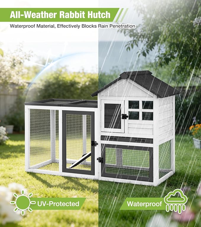 GUTINNEEN Rabbit Hutch Outdoor Rabbit Cage Indoor 51.6" L Waterproof Bunny Cage with Chew-Proof Ramp and Lockable Doors for Indoor Outdoor Use Black and White