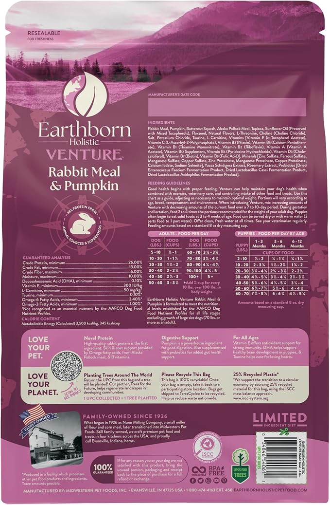 Earthborn Holistic Venture Rabbit Meal & Pumpkin Limited Ingredient Diet Grain Free Dry Dog Food, 4 lbs.