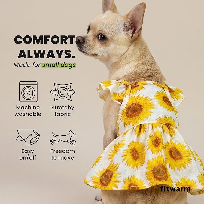 Fitwarm Dog Sunflower Dress, Dog Clothes for Small Dogs Girl, Pet Cat Apparel, White, Yellow, Red, XXS