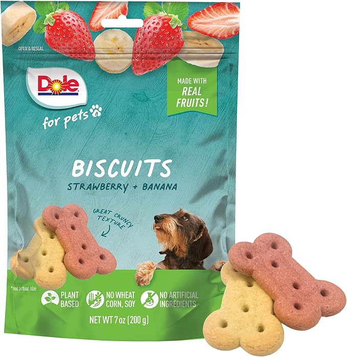 Dole for Pets Dog Biscuits Assorted Banana + Strawberry Mix, Real Fruit Flavor Vegan Crunchy Treats, No Wheat Corn Soy or Artificial Additives, Bite Size Training Snacks for Dogs, 7 Oz
