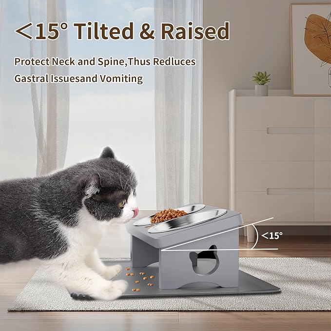 Elevated Cat Bowls with Silicone Mat, 15° Tilted Solid Wood Stand, Raised Stainless Steel Food & Water Dishes for Cats and Small Dogs, Anti-Vomiting Design(Slate Grey)