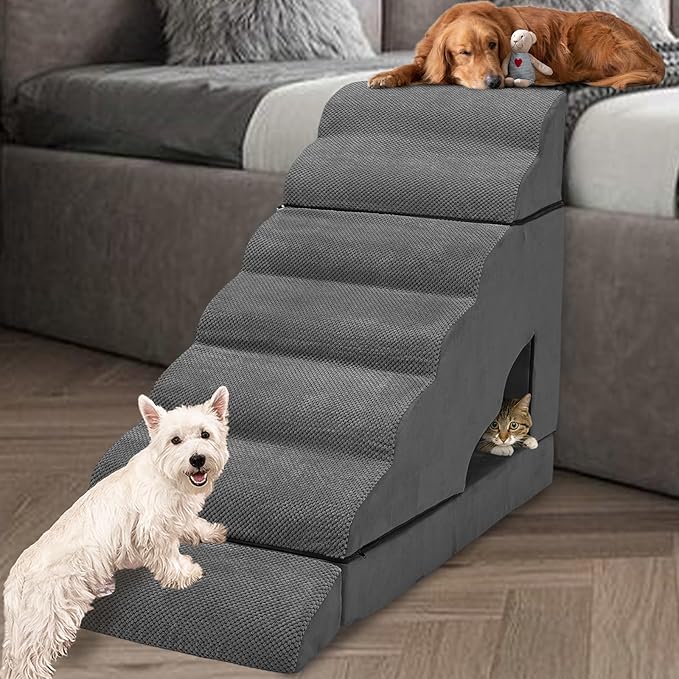A.FATI 7 Tier Dog Stairs for High Beds, 34" H Non-Slip Foam Dog Steps, 30D Foam Doggie Ramp, 3 in 1 Pet Stair & Bed for Small/Elderly Dogs/Cats, Dark Gray