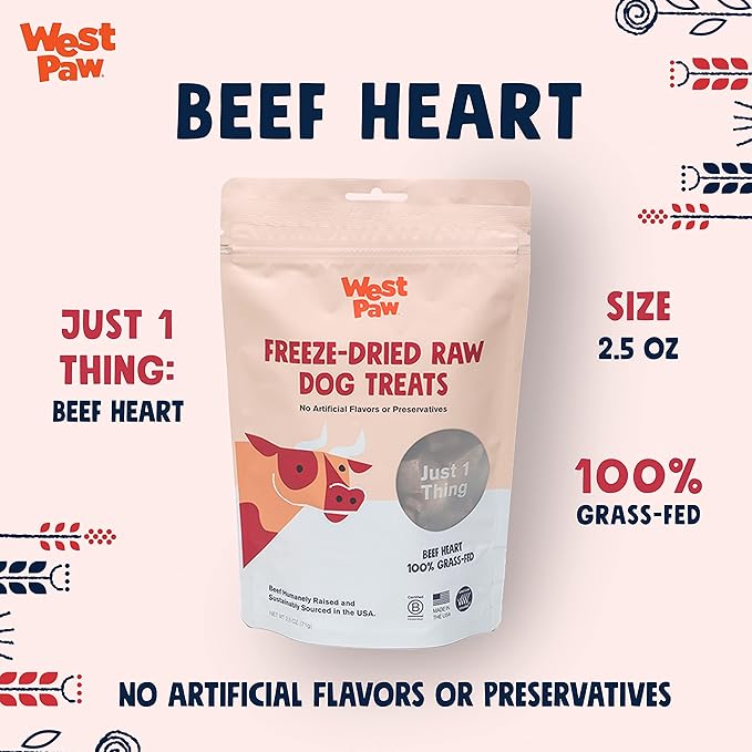 West Paw All-Natural Raw Freeze-Dried Dog Treats – Farm-Fresh Beef Heart Training Treats for Dogs with Iron, Folate, B-Vitamins – Wholesome Canine Treat for Puppies, Senior Dogs – 2.5 Oz.