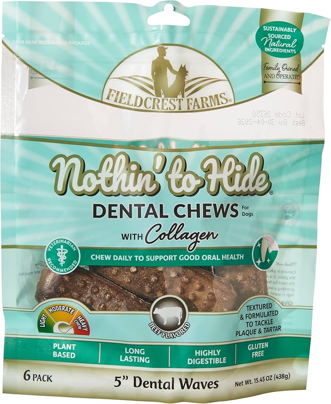 Fieldcrest Farms Dental Chews for Dogs, Wave (5inches, 6count Pack) – Tackles Plaque, Tartar, Promotes Dental Health – w/Collagen, Gluten-Free, for Aggressive Chewers up to 25 lbs
