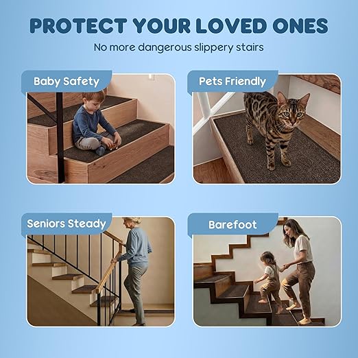 Peel and Stick Self Adhesive Jute Carpet Stair Treads, 15 Pack Rubber Backed Basement Safety Stair Mats, Non Slip Stair Cover Step Pads for Stairs, Deep Brown