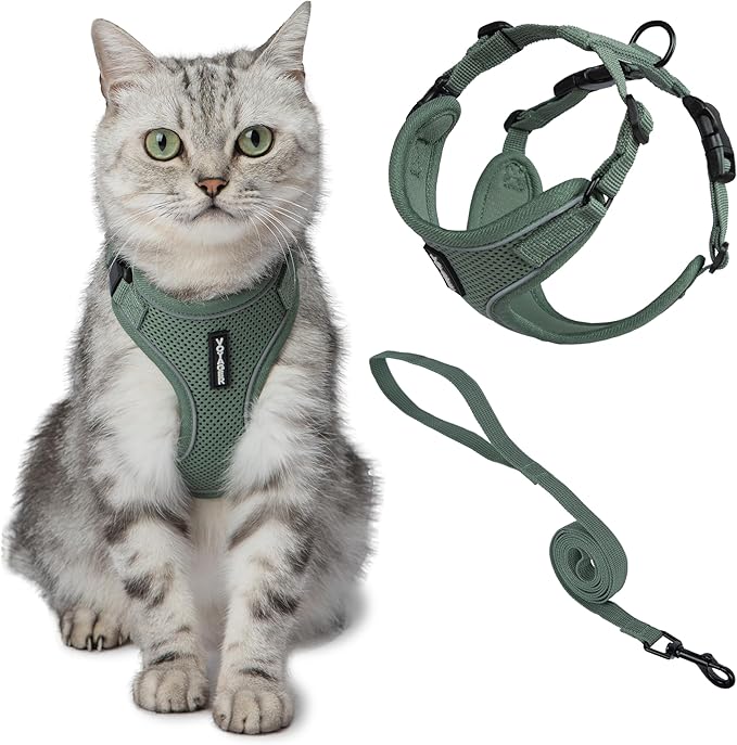 Voyager Escape-Proof Step-in Lock Cat Harness & 5ft Neoprene-Handle Leash Set All-Weather Mesh with Reflective Stitching for Small to Large Cats by Best Pet Supplies, Moss Green (327), M
