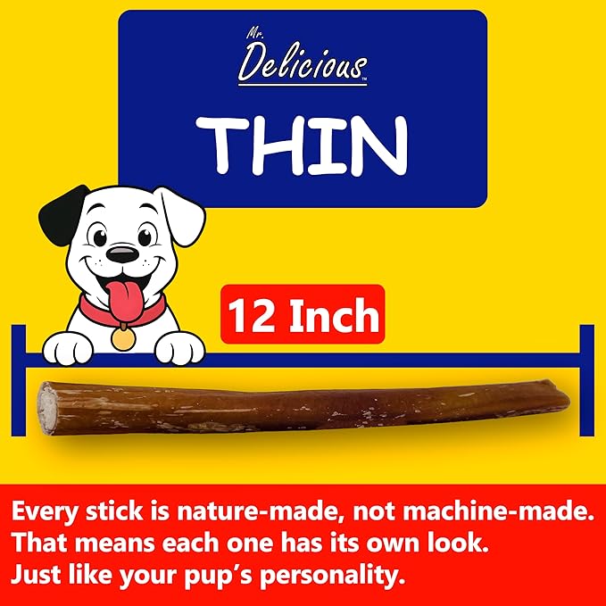 Mr. Delicious Bully Sticks for Dogs, 10 Count, 12 Inch Thin, Consistent Thickness, All Natural, Grass Fed, Rawhide-Free, Single Ingredient, Long Lasting Dog Chews