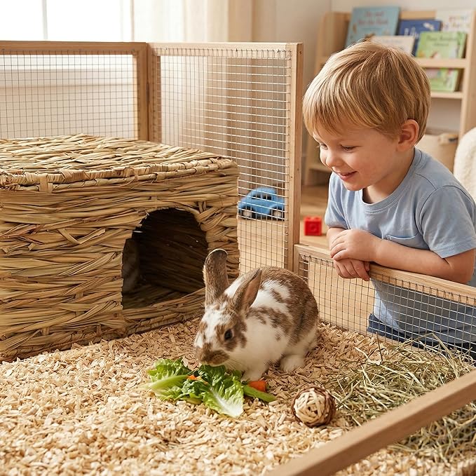 WUWEOT 2 Pack Large Grass Bunny House, Foldable Rabbit Hut, Play Hideaway Bed Hay Mat Chew Toy for Rabbit, Guinea Pigs, Gerbils, Hamster and Small Animals, 11"x8"x8"