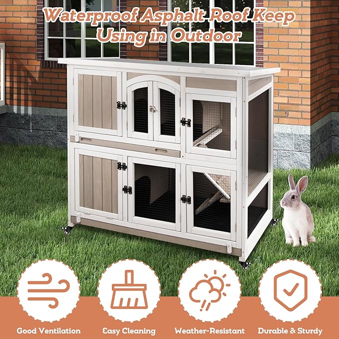 2 Story Large Rabbit Hutch Indoor with 2 Deeper Pull-Out Trays, Wooden Rabbit Cage with 4 Lockable Wheels, Ramp, Chew-Anti Metal Strip for Rabbit, (47" L x 18" W x 42" H)