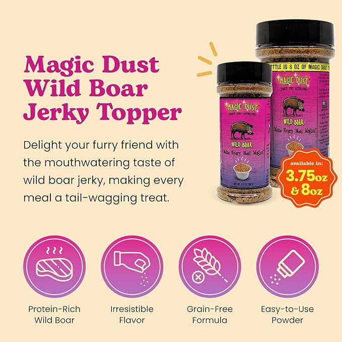 Wild Meadow Farms - Magic Dust Wild Boar Jerky Topper, Single Protein Pet Food Topper for Dogs & Cats, Enhance Flavor & Elevate Mealtime Excitement for Picky Eaters - 3.5oz Bottle in Wild Boar Flavor