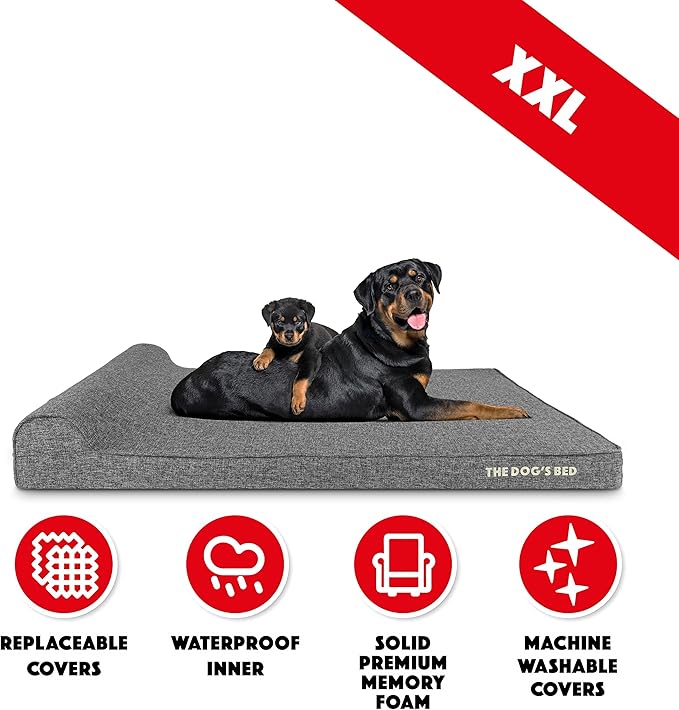 The Dog’s Bed Orthopedic Memory Foam Dog Bed with Headrest, Calming Surface – CertiPUR-Certified Foam, Linen Fabric, Grey Linen, XXL, 4-Inch