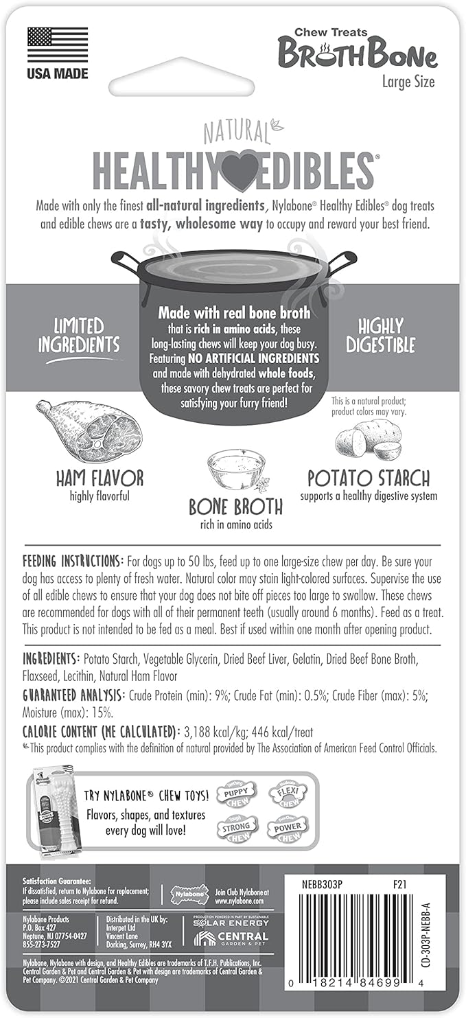 Nylabone Healthy Edibles Broth Bone Natural Dog Chews Long Lasting Treats Ham Flavor Large/Giant - Up to 50 lbs. (1 Count) (Pack of 2)