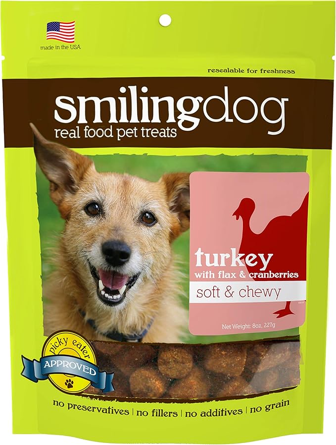 Herbsmith Smiling Dog Treats - Soft and Chewy Dog Treats for Senior Dogs - Dog Training Treats Turkey, Flax, and Cranberry Treats for Dogs - 8 oz