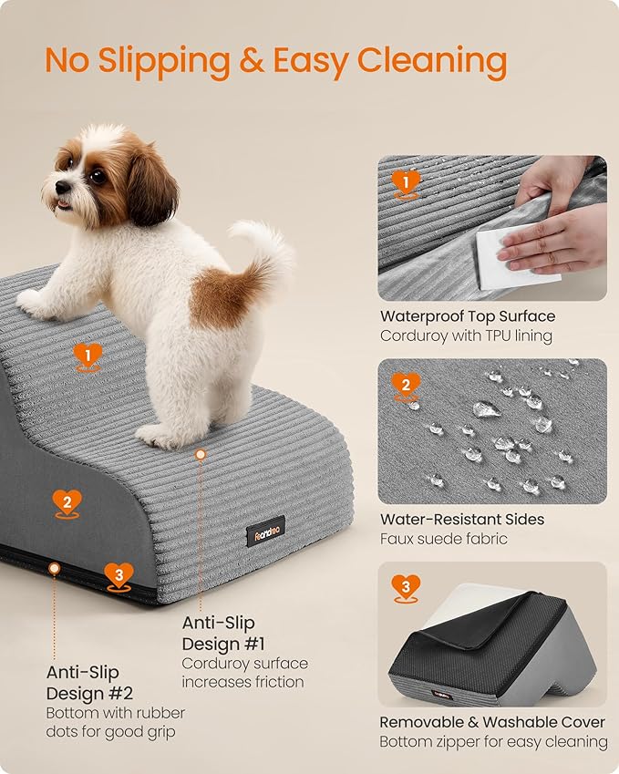 Feandrea 2-Step Dog Stairs, Dog Steps for Bed, Sofa, Waterproof Pet Stairs with Anti-Slip Designs, Gentle Slope, Removable Washable Cover, Handle, Dove Gray UPPS002G01