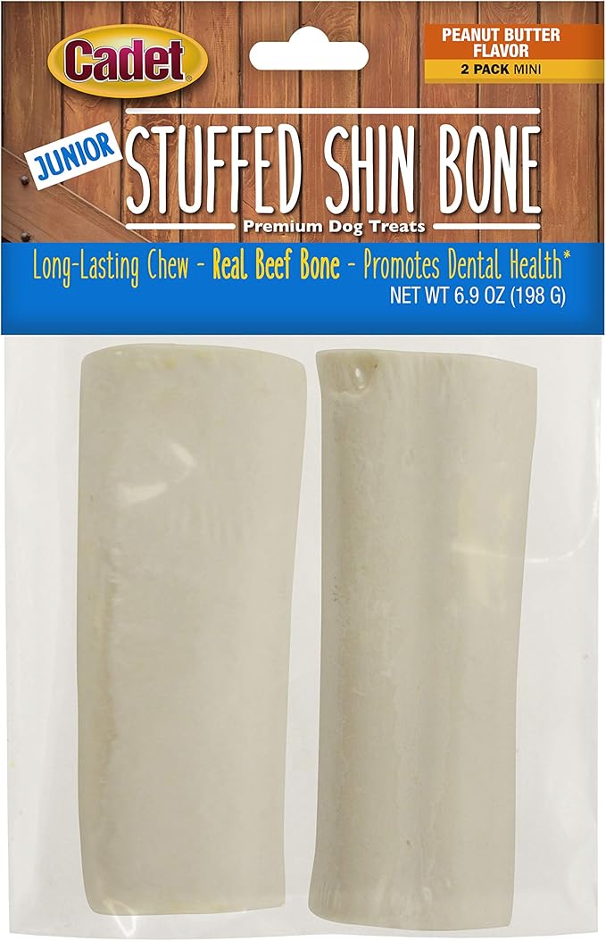 Cadet Junior Stuffed Shin Bones - Highly Digestible, High Protein, Long-Lasting Dog Chew Bone for Aggressive Chewers, Supports Dental Health, - Peanut Butter Flavor, Mini (2 Count)