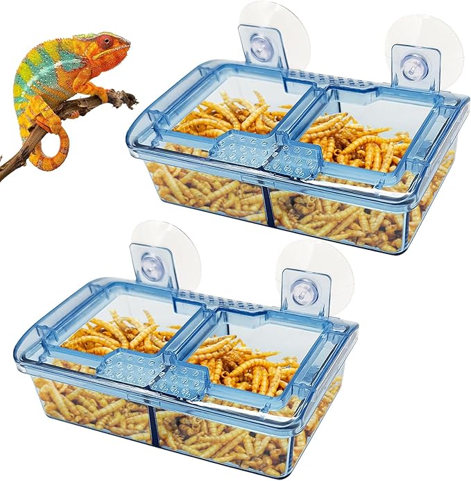 Hamiledyi Transparent Reptile Feeder with Suction Cup Separated Double Compartments Chameleon Bowl Gecko Live Worm Feeder Anti-Escape Reptile Supplies for Lizard Bearded Dragon (Blue, 2 Pcs)