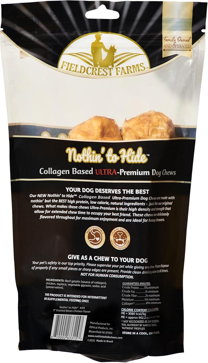 Fieldcrest Farms Nothin’ to Hide Ultra Knotted Bones – Collagen-Based Rawhide Alternative Dog Chews, Chicken Flavor, Highly Digestible for Aggressive Chewers up to 35 lbs, 9-Inch, 2 Pack