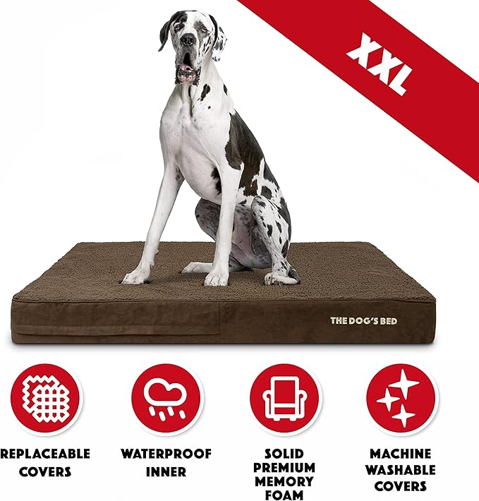 The Dog’s Bed Orthopedic Memory Foam Dog Bed for XXL Dogs, Waterproof Washable Cover, Anti-Slip Base, Calming Surface – CertiPUR-Certified Foam, Brown Plush, 6 Inch Thick