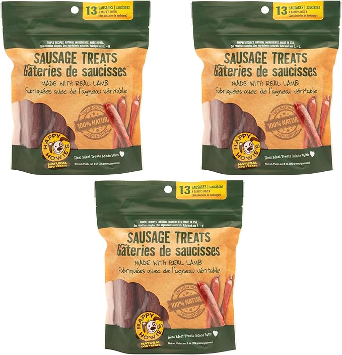 Happy Howie's Sausage Treats - Healthy Dog Treats, Flavorful Slow Cooked Lamb, Natural Ingredients, Chewy Dog Treats, Hormone Free-Lamb, (Pack of 3)