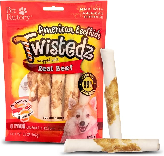 Pet Factory Twistedz American Beefhide 5" Chip Rolls Dog Chew Treats w/ Real Beef Meat Wrap - 8 Count/1 Pack