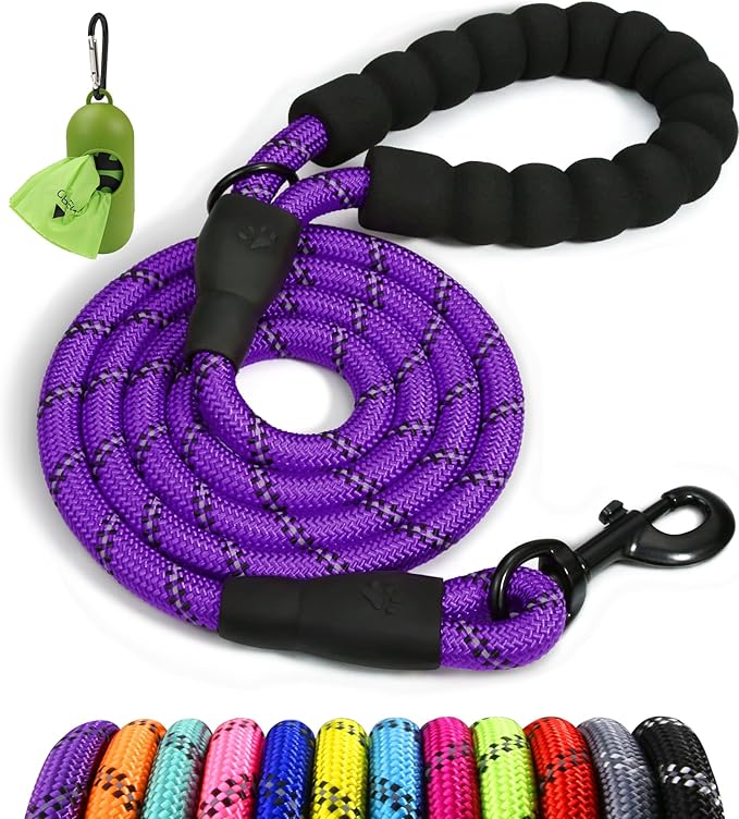 Taglory Rope Dog Leash 4 FT with Comfortable Padded Handle, Highly Reflective Threads Leash and Anti-Tangle Clip for Walking Medium Large Dogs, 1/2 inch, Purple
