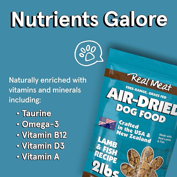 Real Meat Air Dried Dog Food w/ Real Lamb & Fish - 2lb Bag of Grain-Free Real Meat Dog Food Sourced from Free-Range Lamb & Ocean-Caught Fish - Digestible, All-Natural, & High-Protein Lamb and Fish