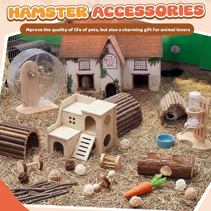 40 Pcs Hamster Cage Accessories, 9.5'' Exercise Wheel, Wood Platform Hideout House, Water Bottle, Sand Bath, Bowl, Chew Toy for Syrian Hamsters Mice Gerbils Habitat Decor (Natural Style)