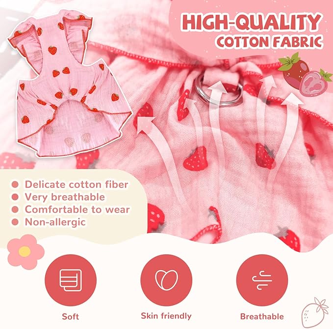 Dog Dresses for Small Dogs Girl Female Clothes Cat Clothes Cat Dress Cute Cotton Extra Summer Bow Decor Printed Strawberry Dog Birthday Outfit Small Puppy Clothes Pink L