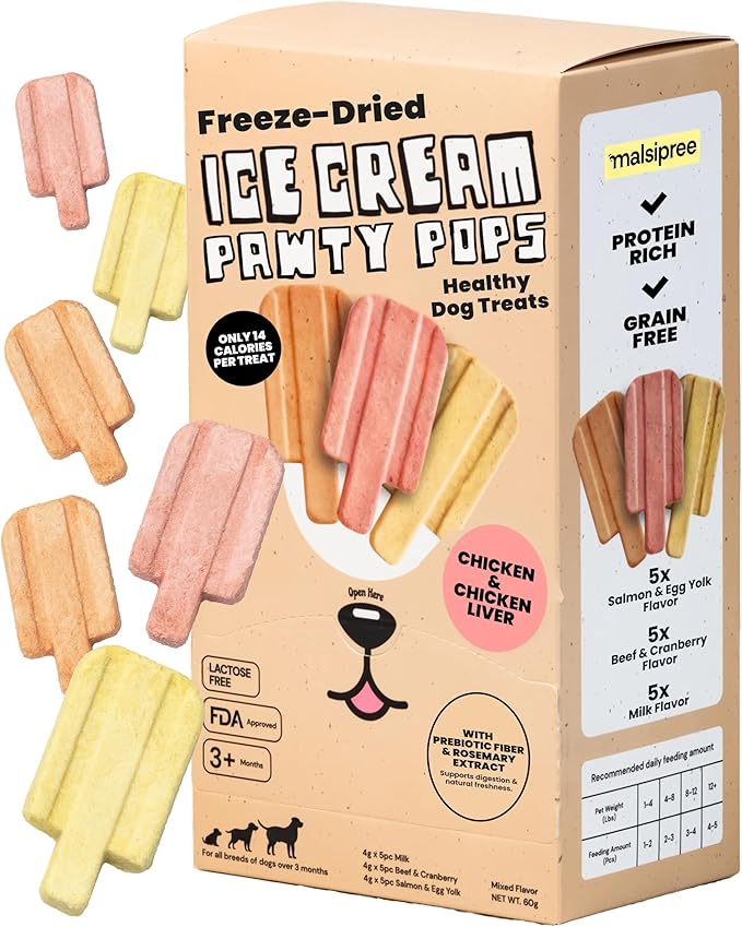 MalsiPree Dog Birthday Treats - Freeze Dried Puppy Ice Cream & Canine Popsicle - Healthy Pet Gift & Party Favors - Grain Free Dessert & Cake Alternative - Salmon, Beef & Chicken - 15 Count
