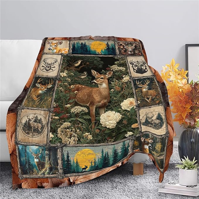 Deer Throw Blanket Hunting Deer Elk Stuff Gifts for Kids Girls Boys Adults Women Men Soft Cozy Warm Plush Fluffy Fuzzy Fleece Blanket Decor 60''X80''