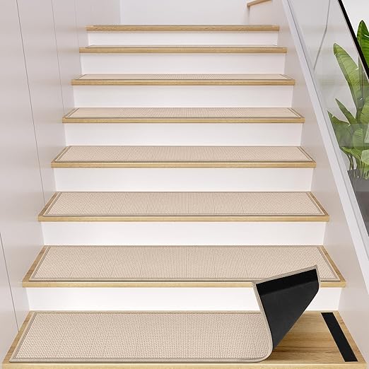 Peel and Stick Stair Carpet Treads for Wooden Steps,15 Pack Indoor Beige Stair Mats, Basement Safety Stick On Stair Rug Step Pads for Pet Dog, Elders and Kids