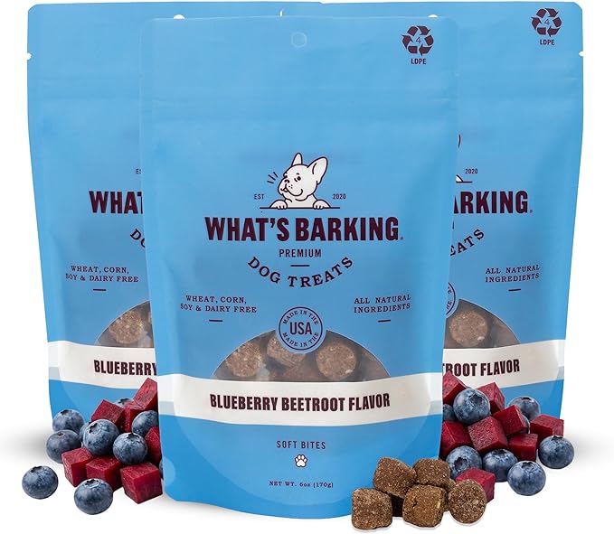 What’s Barking Soft Bites, Soft Chewy Dog Treats for Training or Snacking, Pet Essentials, Bite Size Pieces for Dogs, Natural Ingredients, Made in USA, Resealable Bag, Blueberry Beetroot, 6 oz, 3 Pack