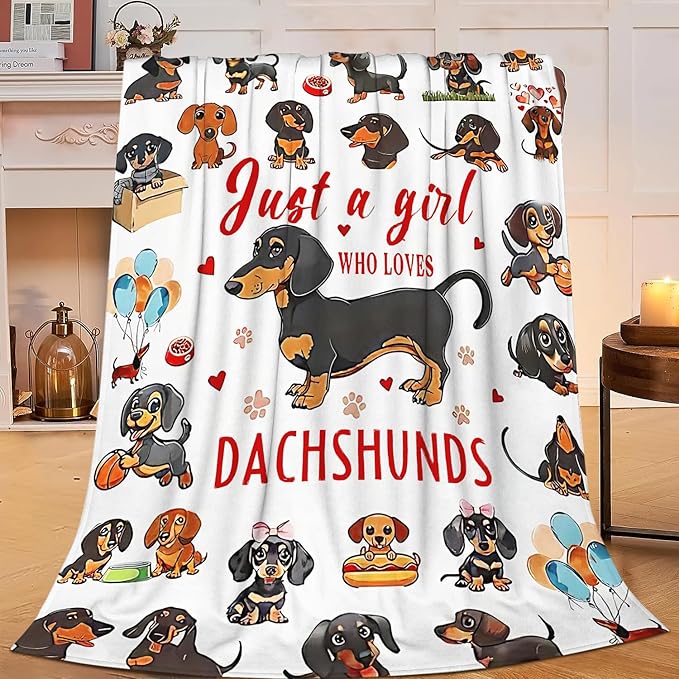 SweetFox Just A Girl Who Loves Dachshunds Blanket, Dachshund Dog Decor Throw Blanket Gifts for Girls Boys Lover Super Warm Soft Plush Fleece Flannel Bedding Blankets for Kids Adults Men Women 50"X40"